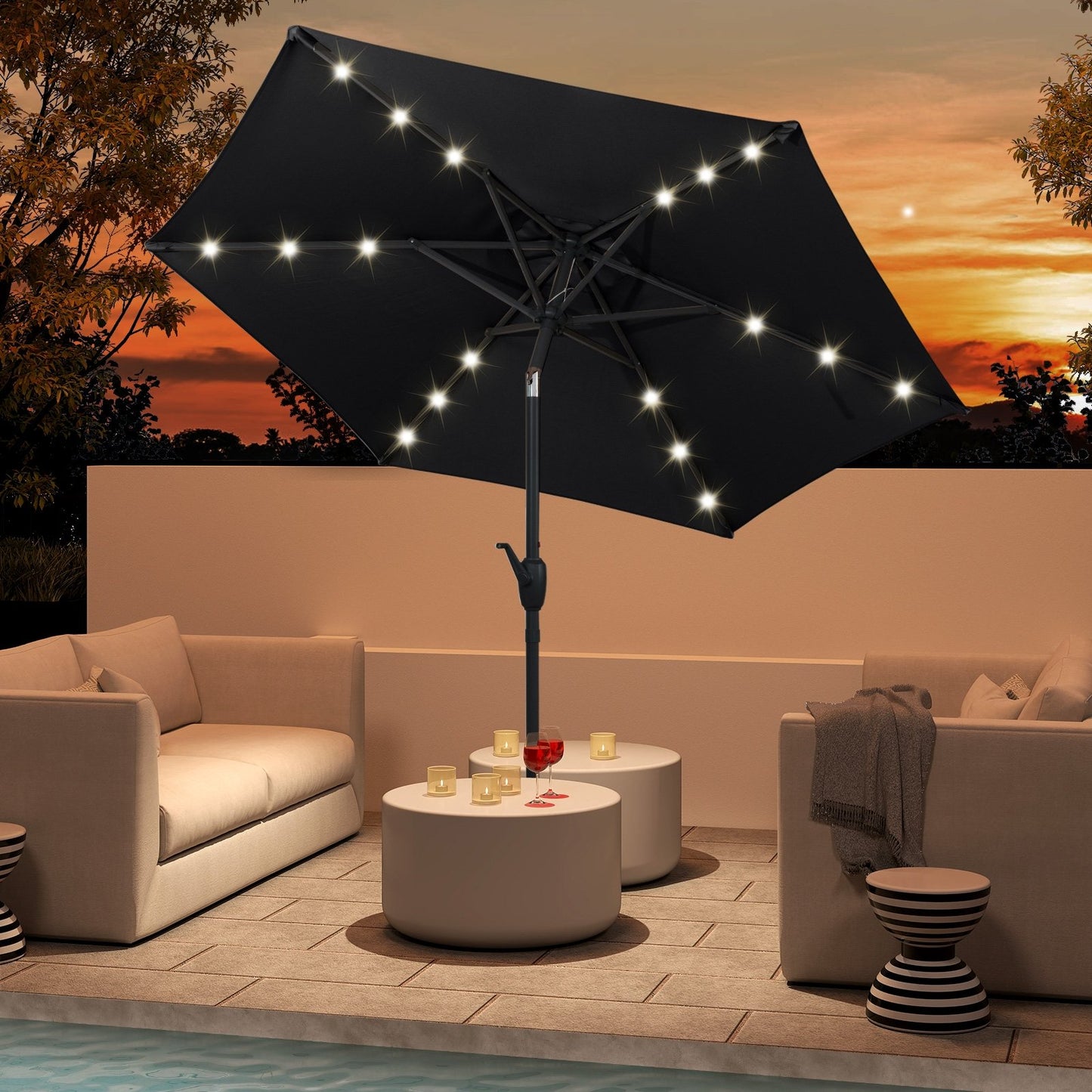 7.5 Feet Solar Powered Patio Umbrella with LED Lights and Crank Handle-Beige