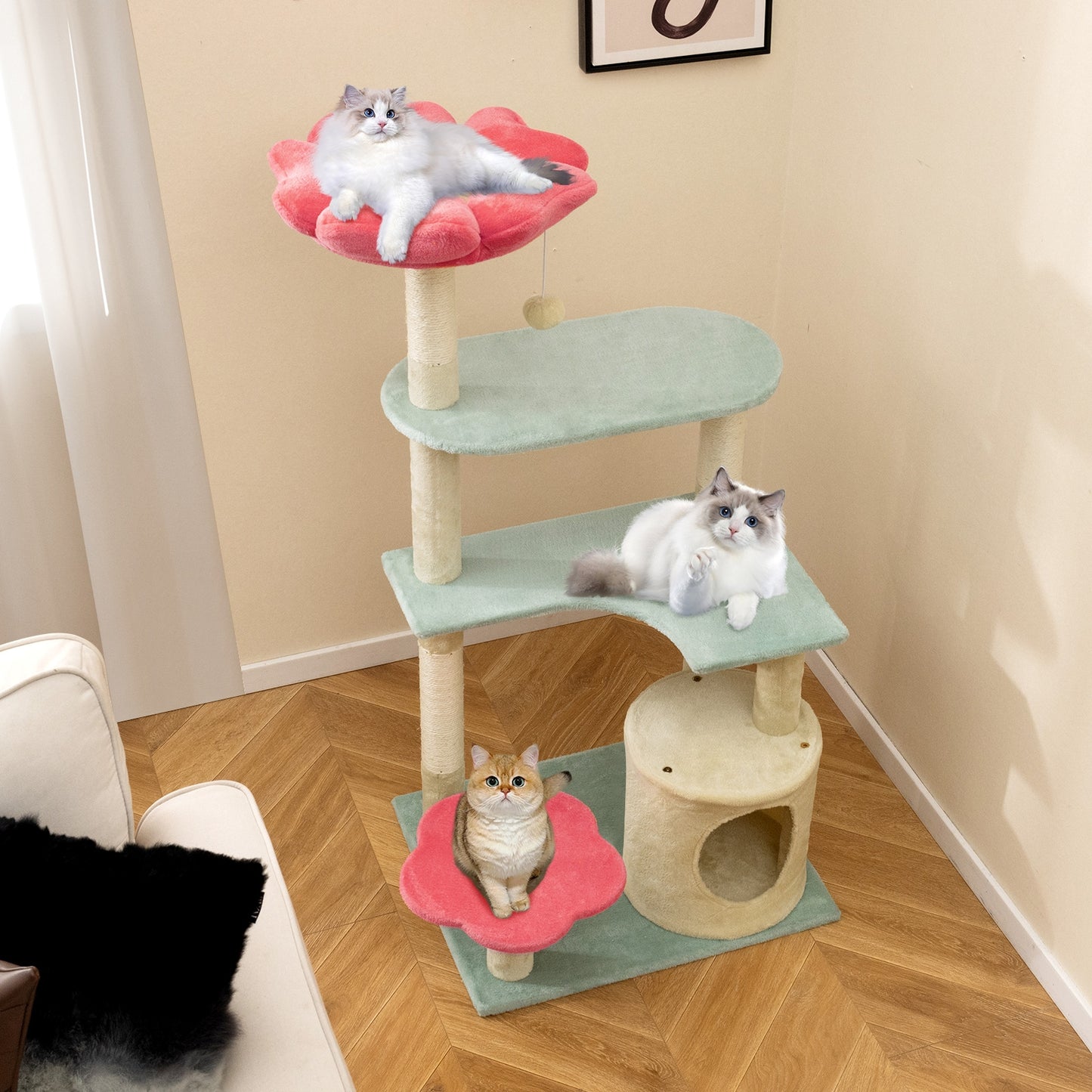 49 Inch Tall Multi-Level Aesthetic Floral Kitten Tower with Flower-Shaped Plush Padded Perch-Multicolor
