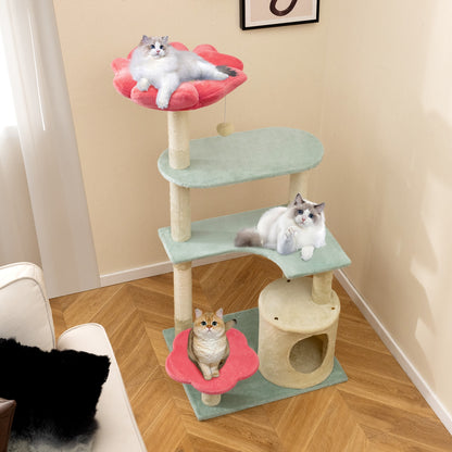 49 Inch Tall Multi-Level Aesthetic Floral Kitten Tower with Flower-Shaped Plush Padded Perch-Multicolor