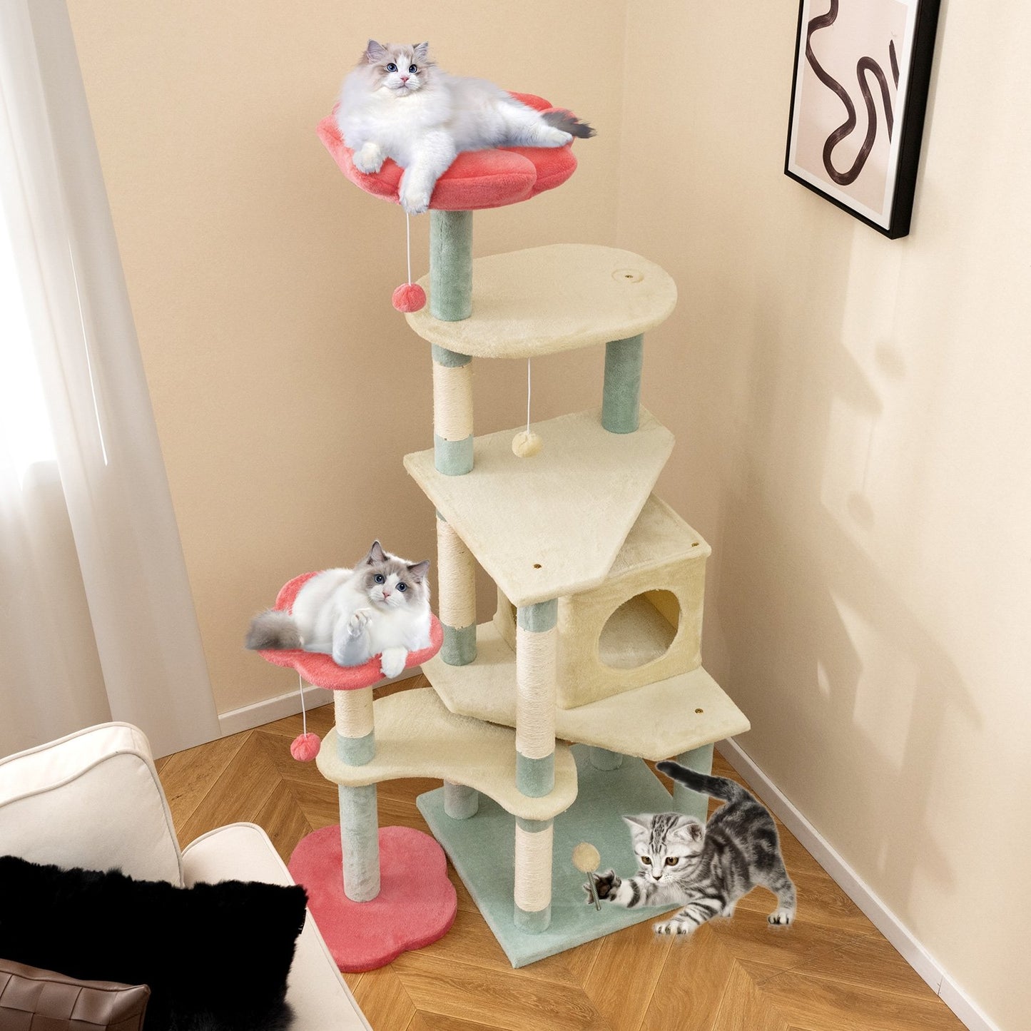 61 Inch Multi-Level Aesthetic Floral Kitten Tower with Flower-Shaped Padded Perch-Multicolor