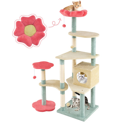 61 Inch Multi-Level Aesthetic Floral Kitten Tower with Flower-Shaped Padded Perch-Multicolor