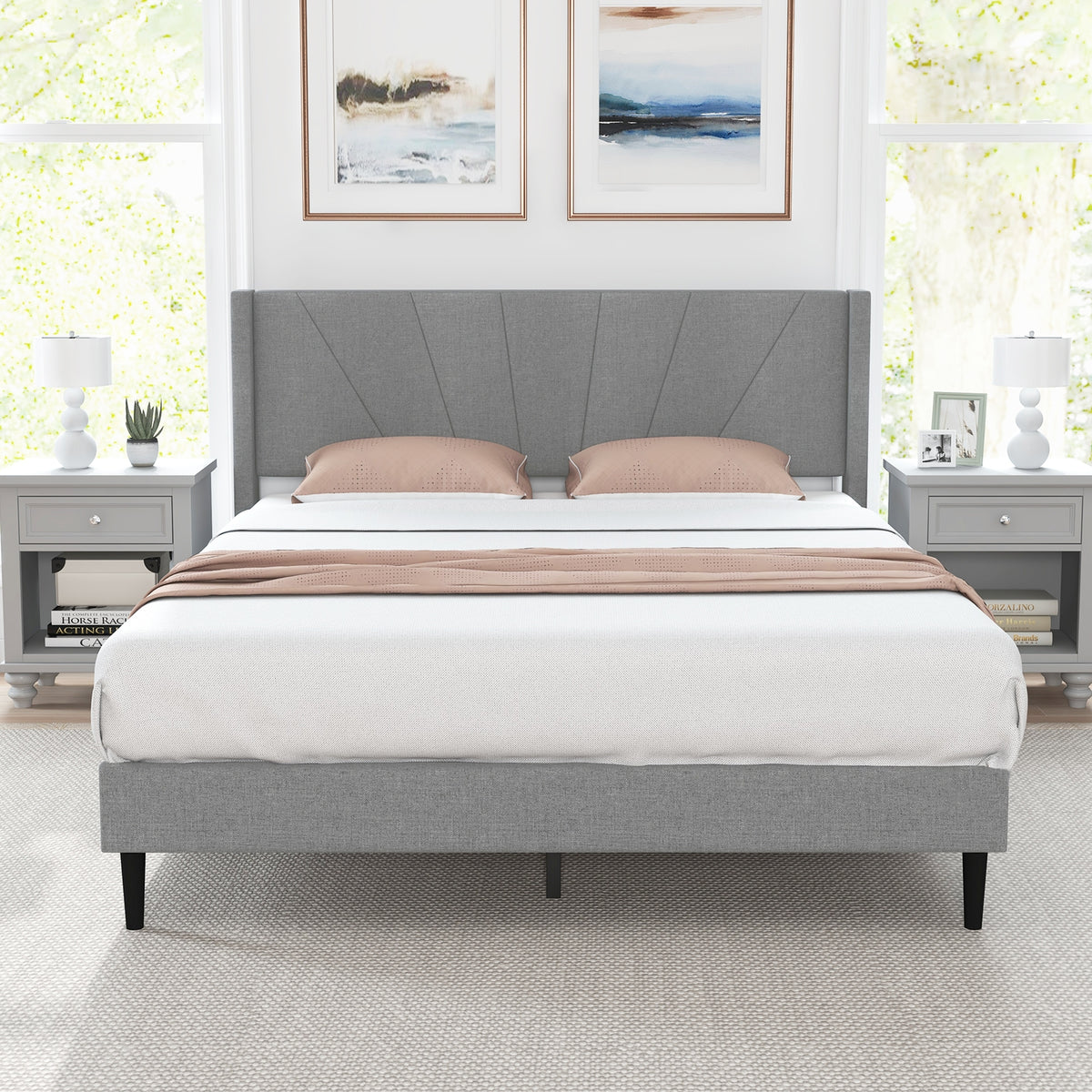 Queen size bed frame with linen upholstered wingback headboard, featuring a simple, elegant design for bedroom furniture.