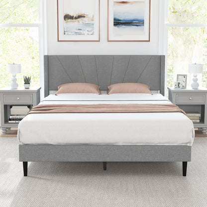 Queen size bed frame with linen upholstered wingback headboard, featuring a simple, elegant design for bedroom furniture.