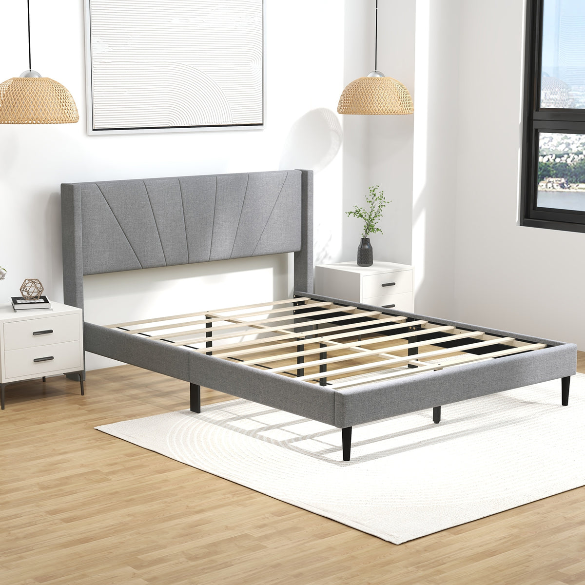 Queen size linen-upholstered wingback bed frame with simple design, featuring a padded headboard and sturdy wooden legs.