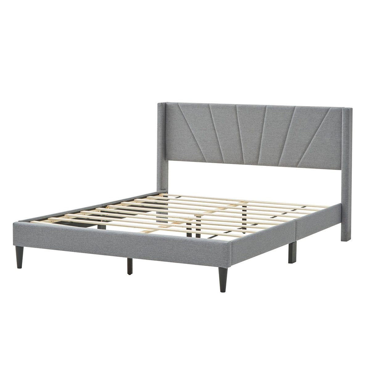 Queen size bed frame with linen upholstered wingback headboard, featuring a simple, elegant design and sturdy wooden construction.