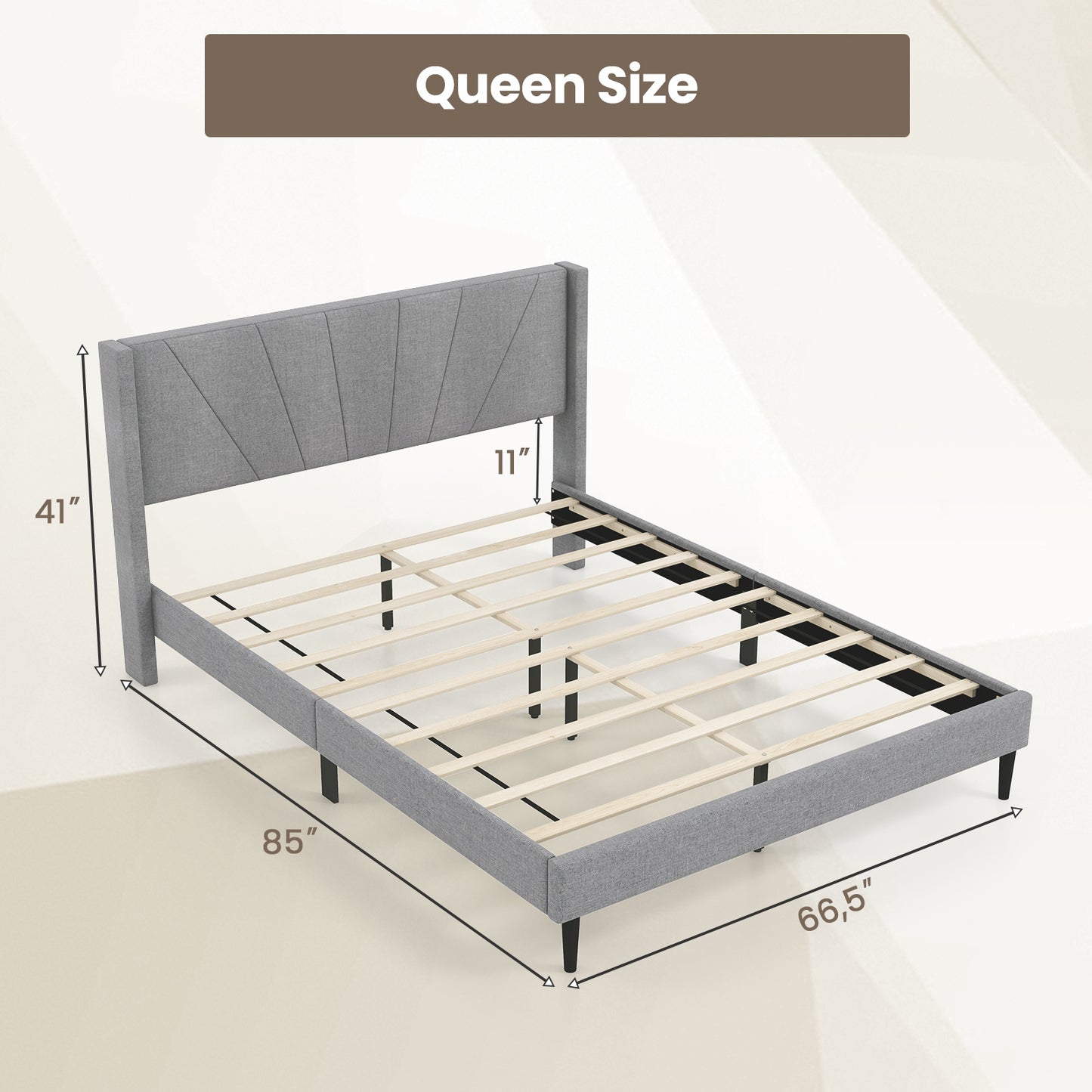 Queen size bed frame with linen upholstered wingback headboard, modern design, sturdy frame, and elegant bedding.