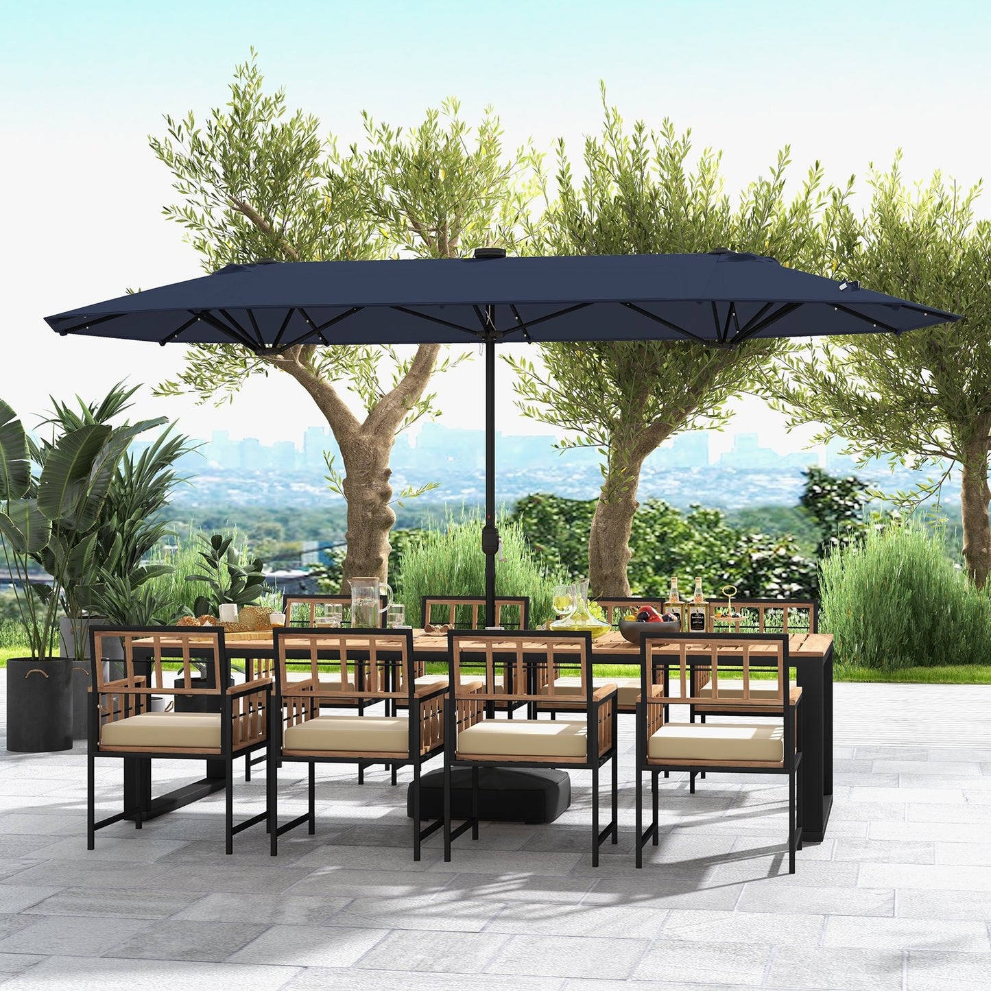 13FT Double-sided Patio Umbrella with Solar Lights for Garden Pool Backyard-Beige