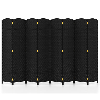 8-Panel Folding Room Divider with Hand-woven Texture and Wood Frame-Black