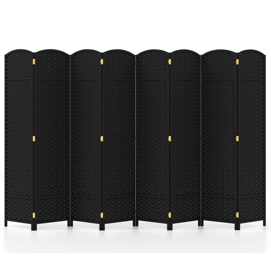 8-Panel Folding Room Divider with Hand-woven Texture and Wood Frame-Black