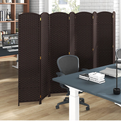8-Panel Folding Room Divider with Hand-woven Texture and Wood Frame-Black