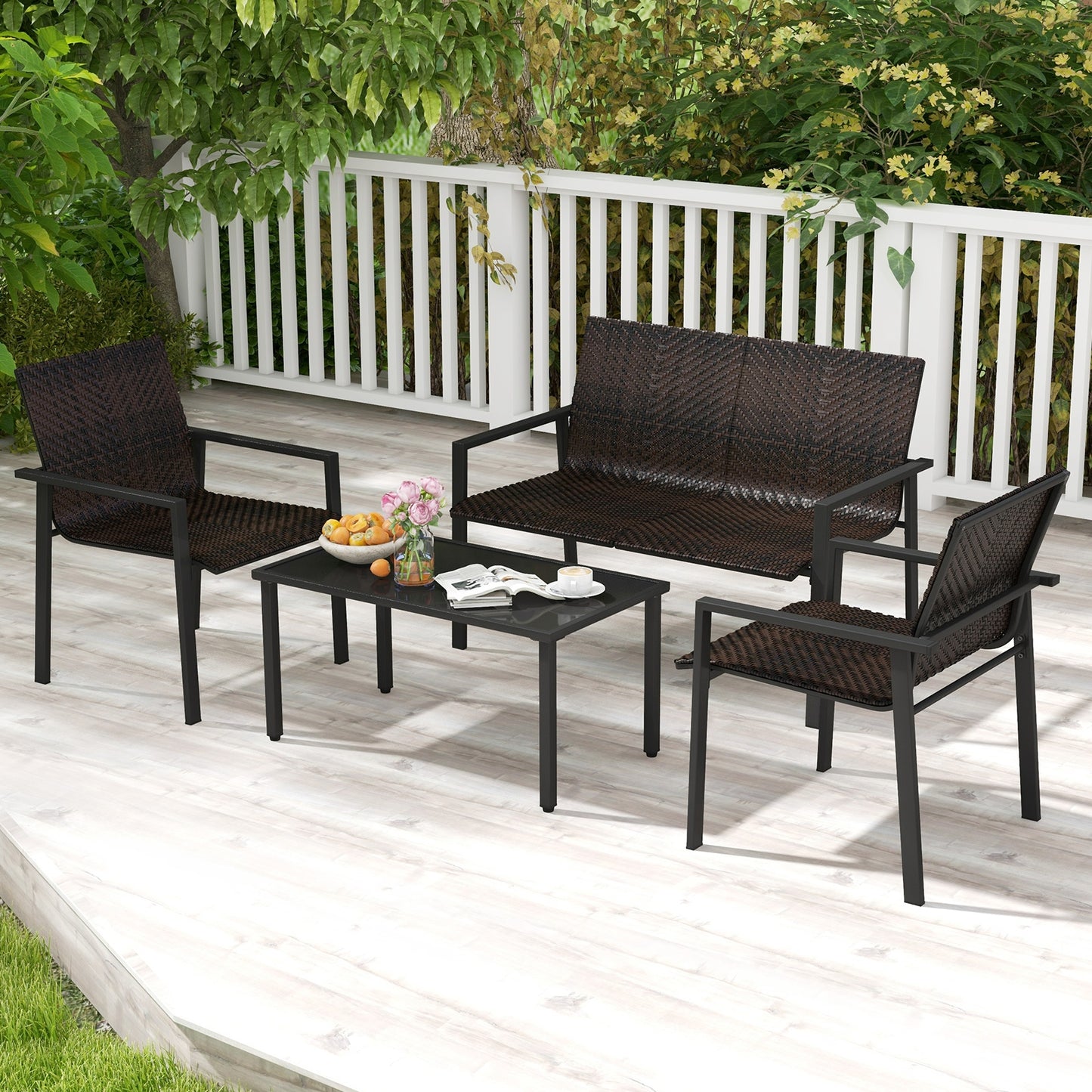 4 Pieces Patio Furniture Set with Heavy Duty Galvanized Metal Frame-Brown