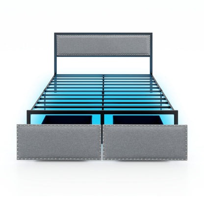 Full/Queen/Twin Size Bed Frame with LED Lights Drawer and Metal Slats-Queen Size