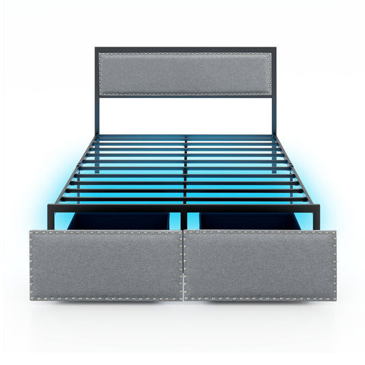 Full size bed frame with LED lights, storage drawer, metal slats, from Wilsons Home Store, featuring a sleek, modern design.