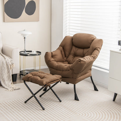 Modern Accent Sofa Chair with Folding Footrest and Side Pocket-Beige