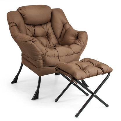 Modern Accent Sofa Chair with Folding Footrest and Side Pocket-Beige