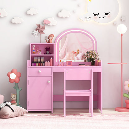 Kids Vanity Table and Chair Set with Shelves Drawer and Cabinet-Pink