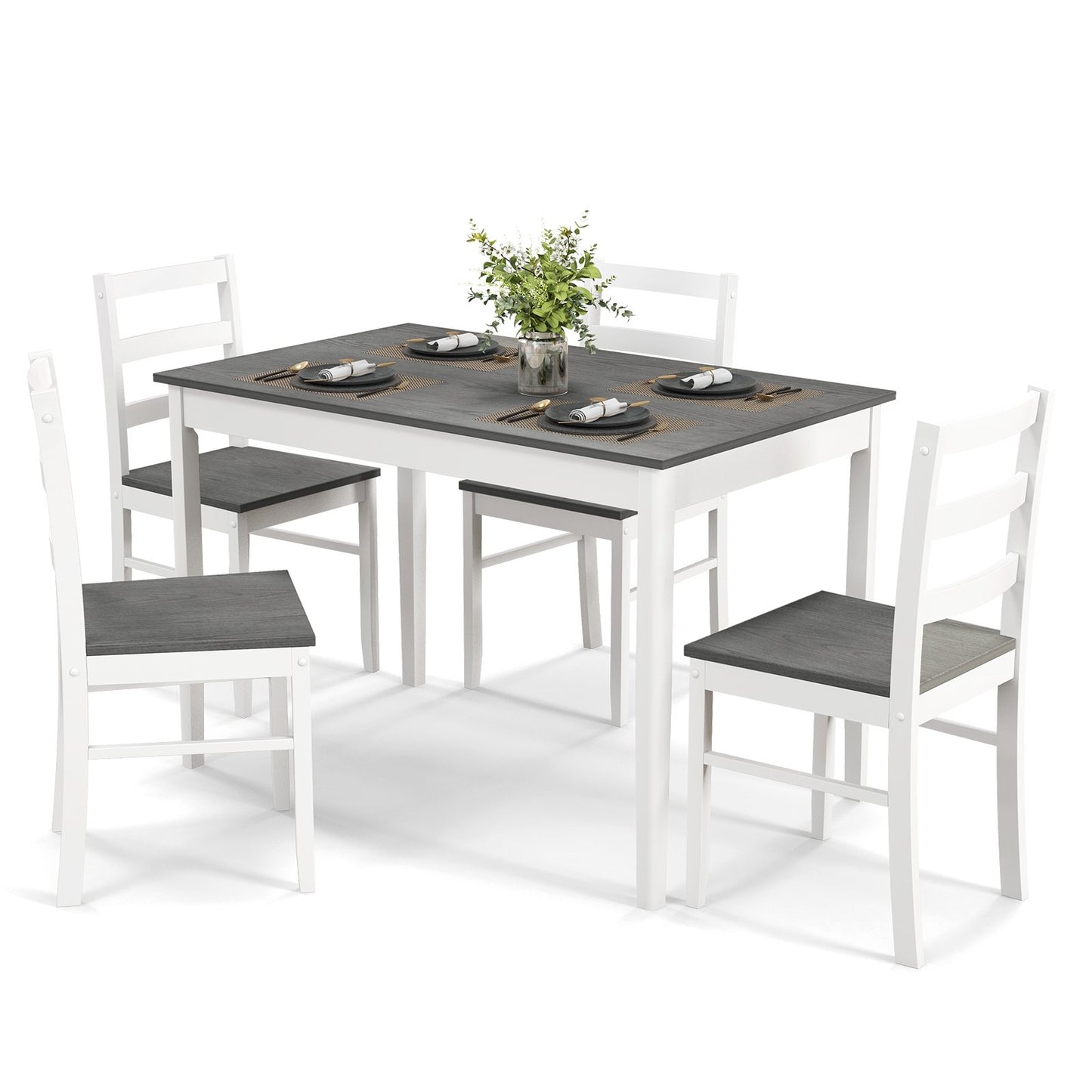 5-Piece Wooden Dining Set with Rectangular Table and 4 Chairs-Coffee and White