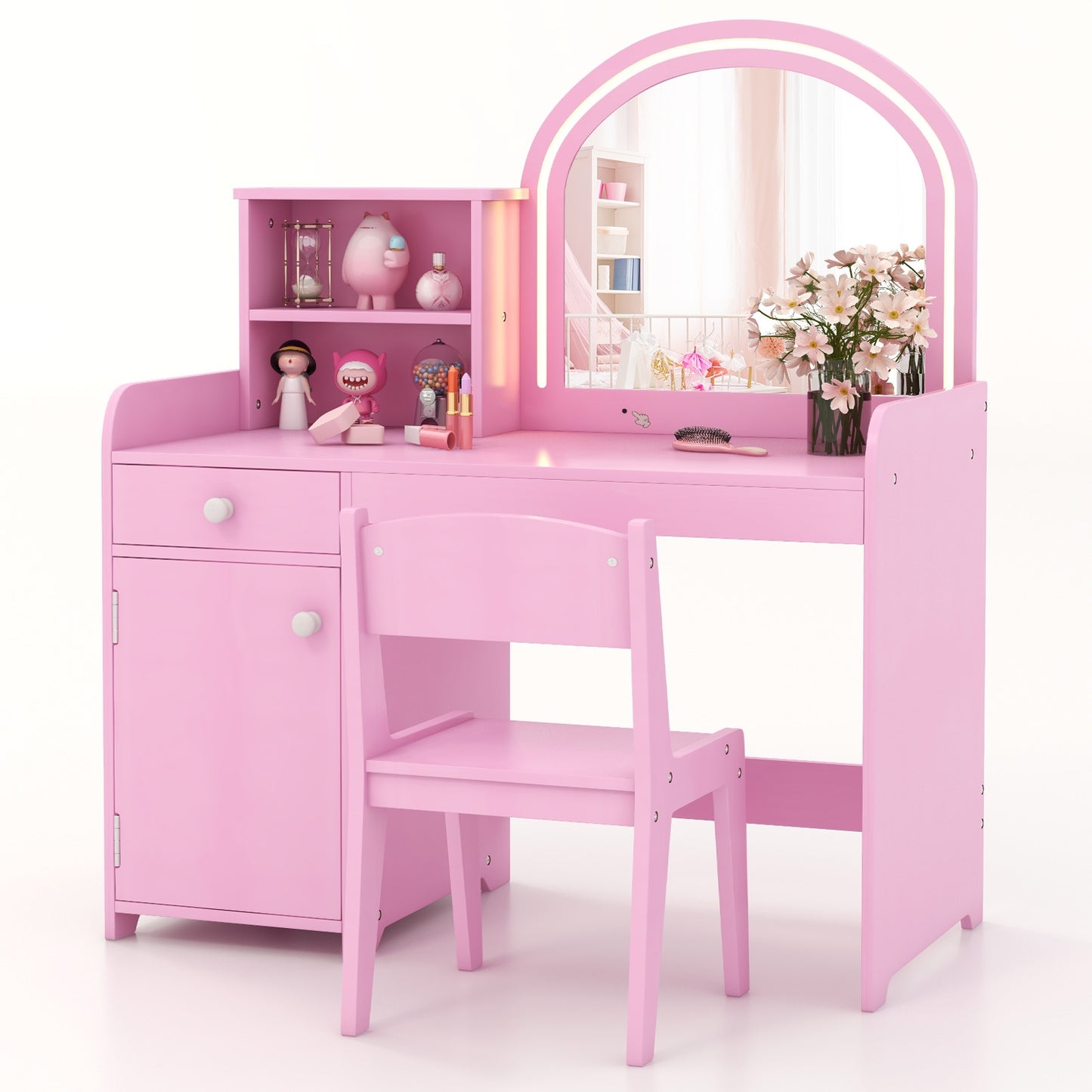 Kids Vanity Table and Chair Set with Shelves Drawer and Cabinet-Pink