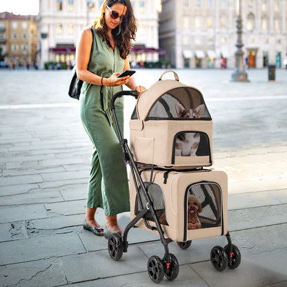 Double Pet Stroller Foldable 3-in-1 Dog Stroller with 2 Detachable Carriers-Beige