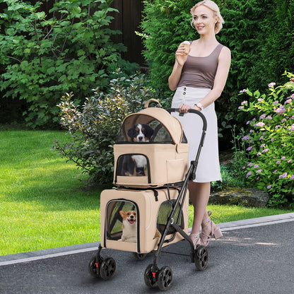 Double Pet Stroller Foldable 3-in-1 Dog Stroller with 2 Detachable Carriers-Beige