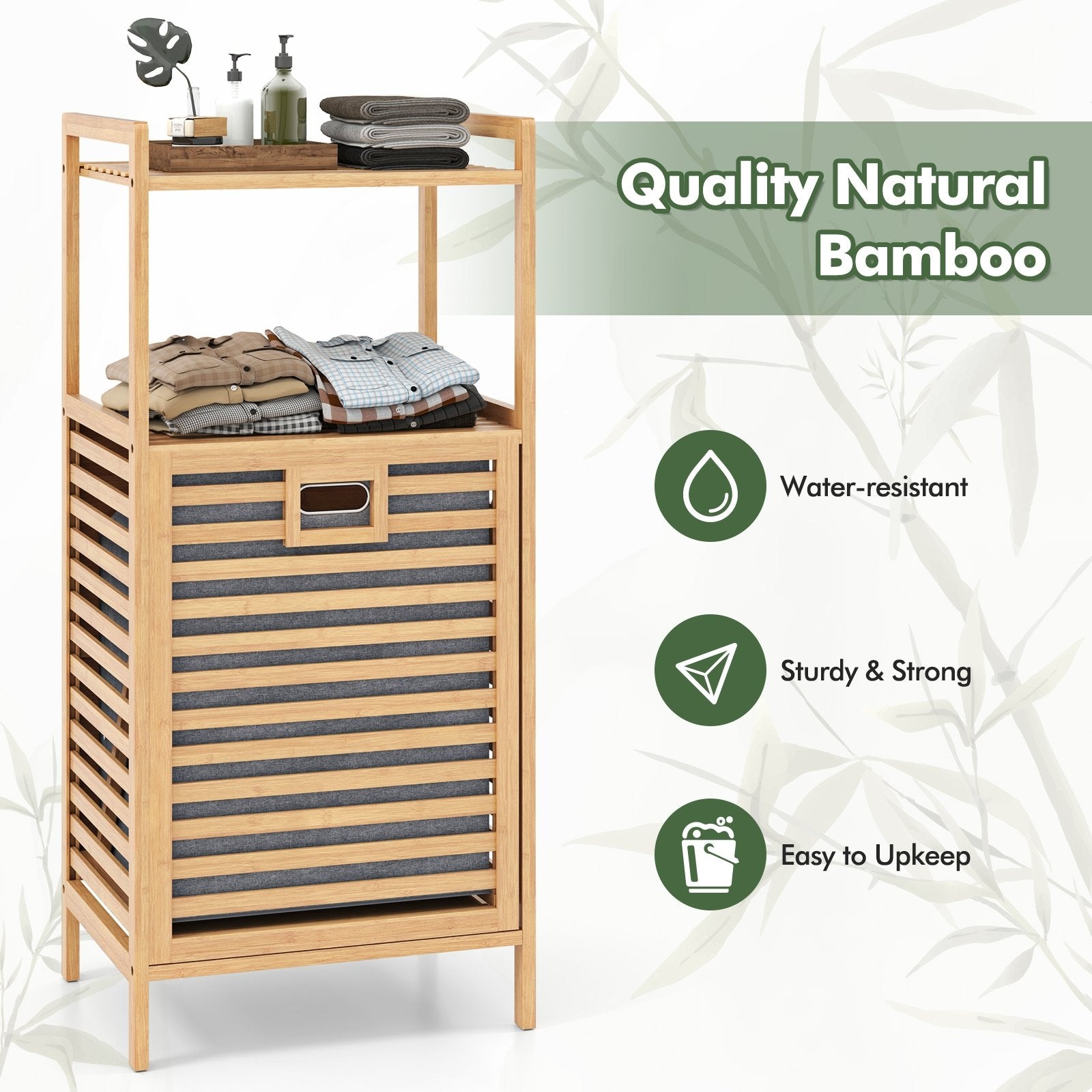 Natural bamboo tilt-out laundry hamper with foldable, removable basket, ideal for bathroom storage and organization.