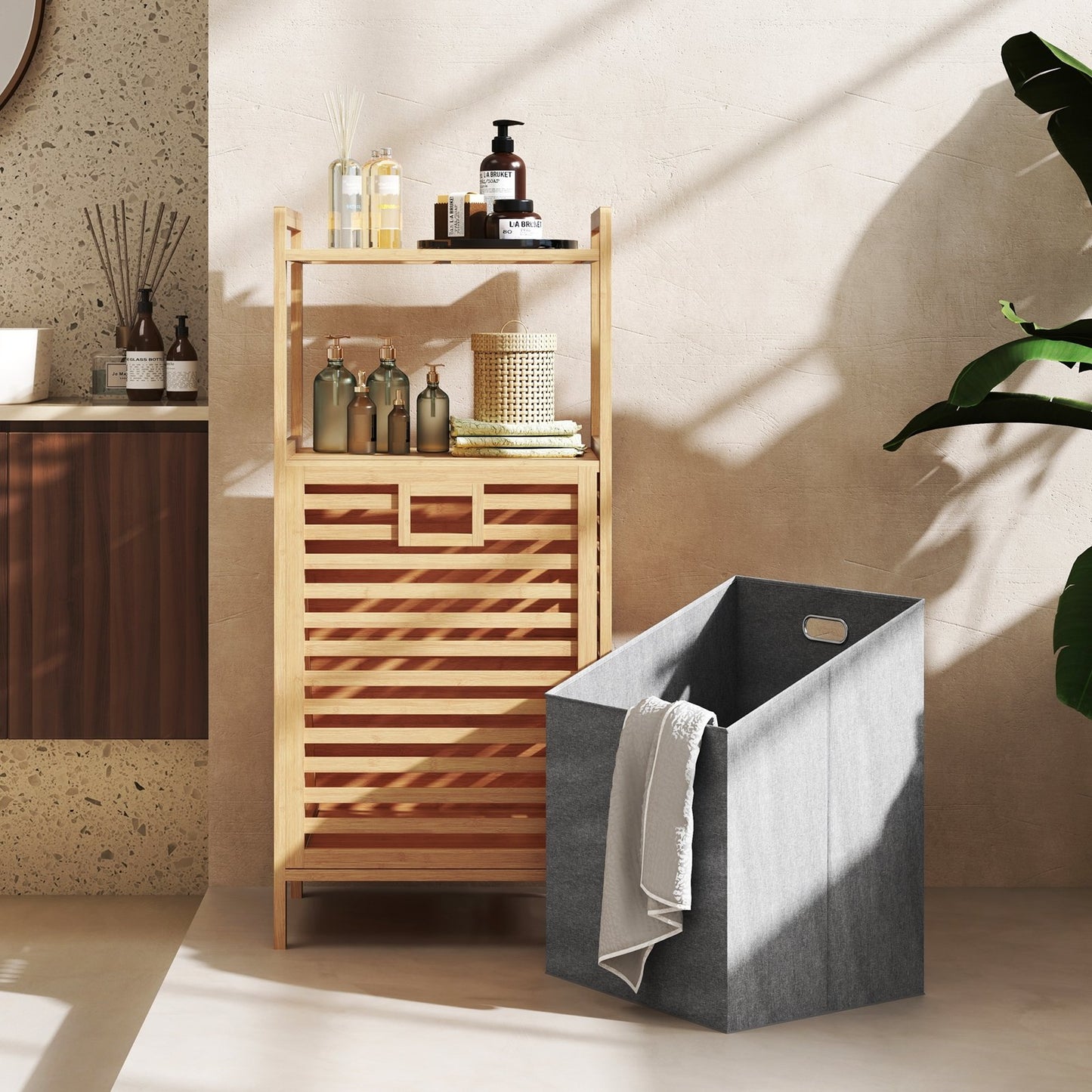 Natural bamboo tilt-out laundry hamper with removable foldable basket, ideal for bathroom storage and organization.