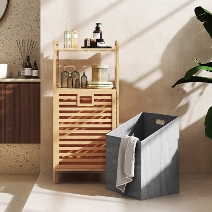 Natural bamboo tilt-out laundry hamper with removable foldable basket, ideal for bathroom storage and organization.