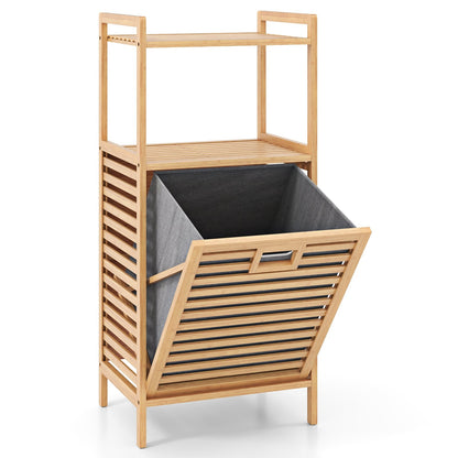 Natural bamboo tilt-out laundry hamper with foldable, removable basket for easy sorting and storage in bathroom or laundry room.
