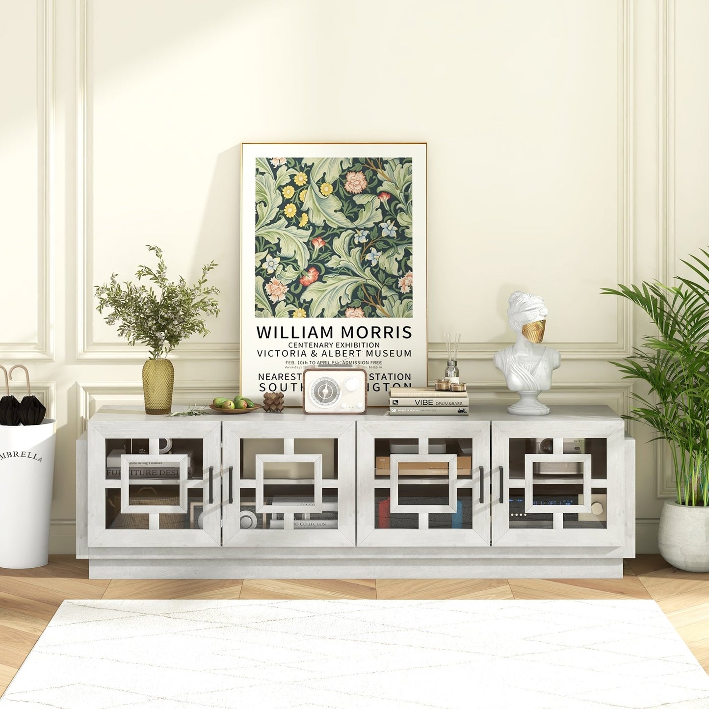 4-Door TV Stand for TVs up to 75 Inch Media Console Table with Adjustable Shelves-Oak