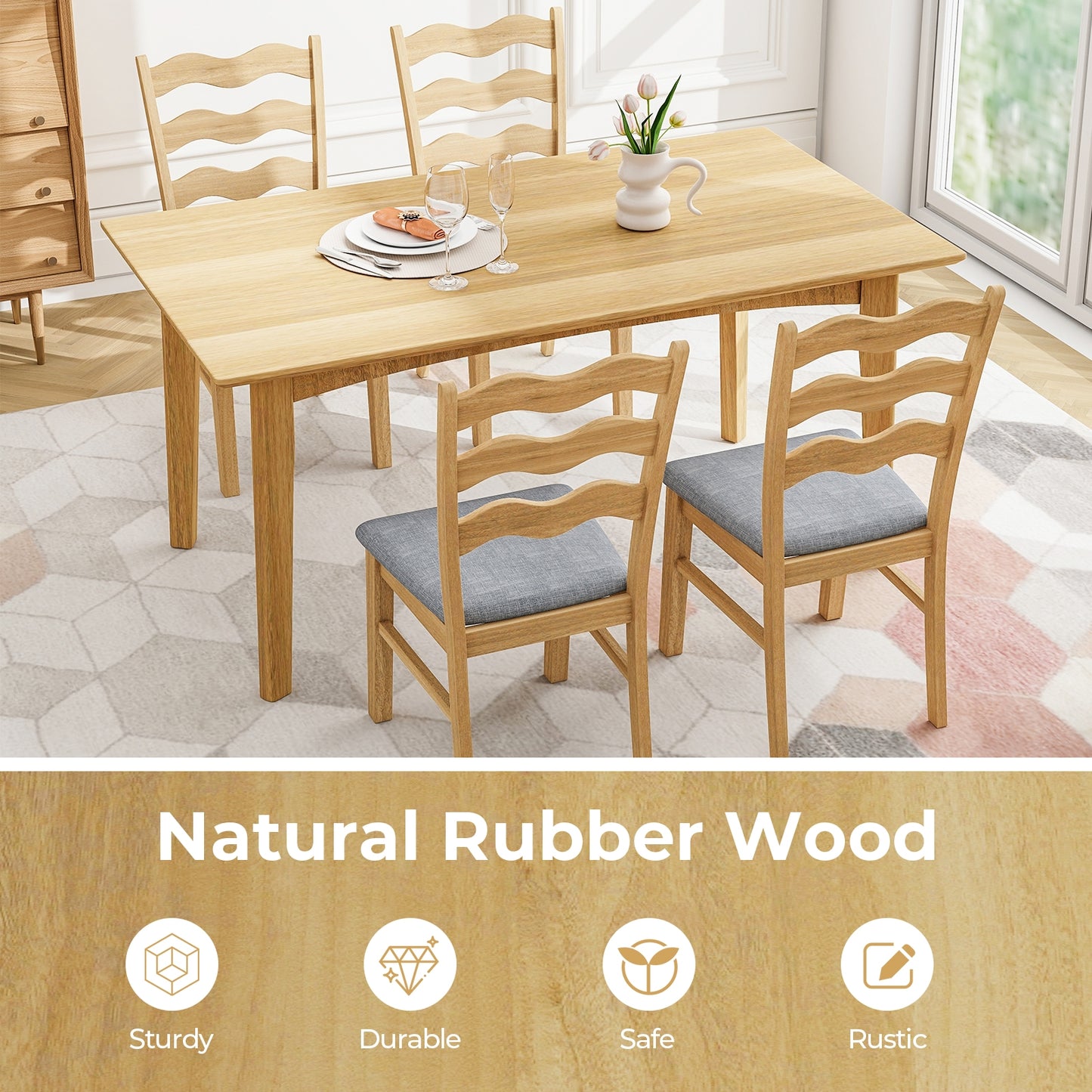 Dining Chair Set of 2 Linen Fabric Upholstered Kitchen Chairs with Padded Seat-Natural