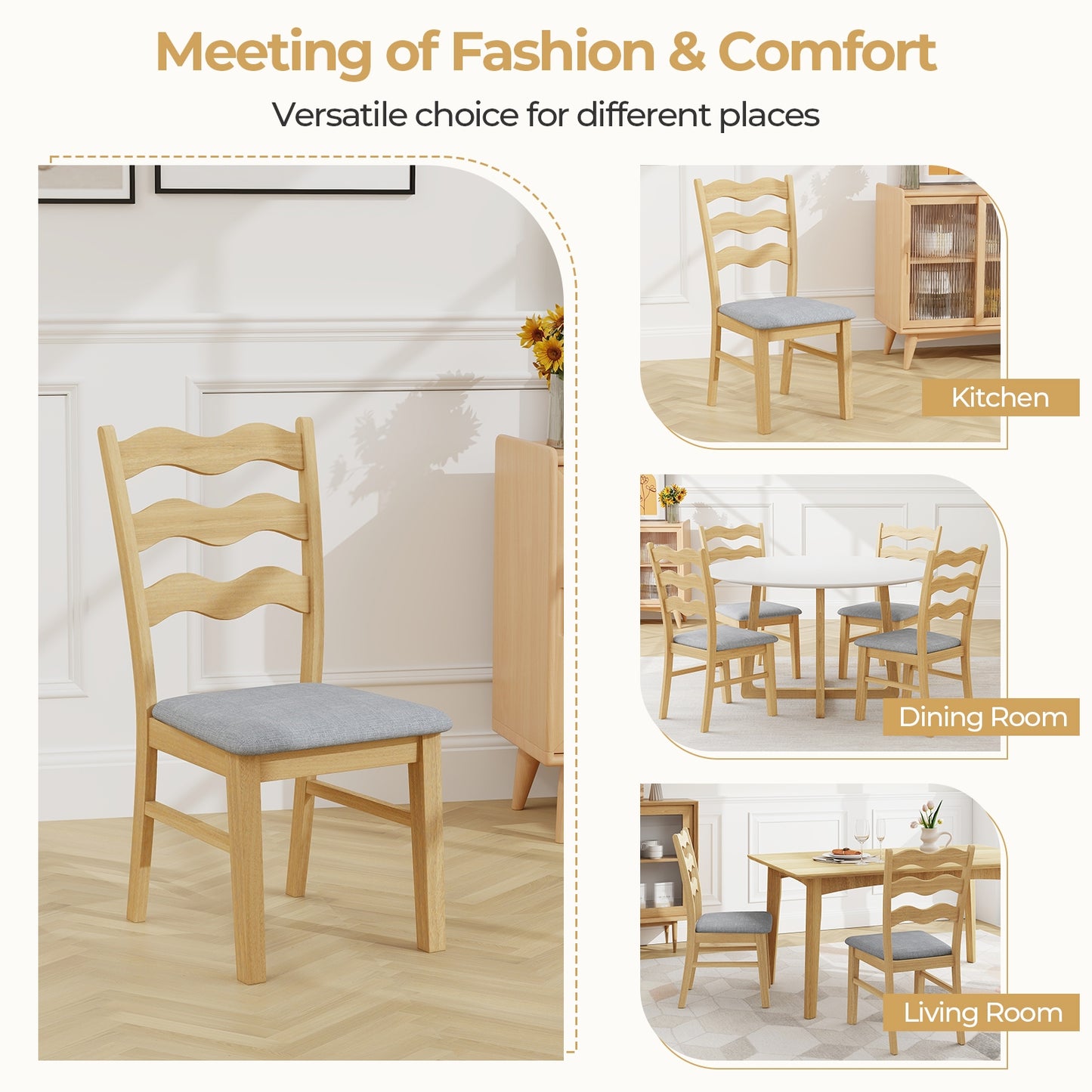 Dining Chair Set of 2 Linen Fabric Upholstered Kitchen Chairs with Padded Seat-Natural