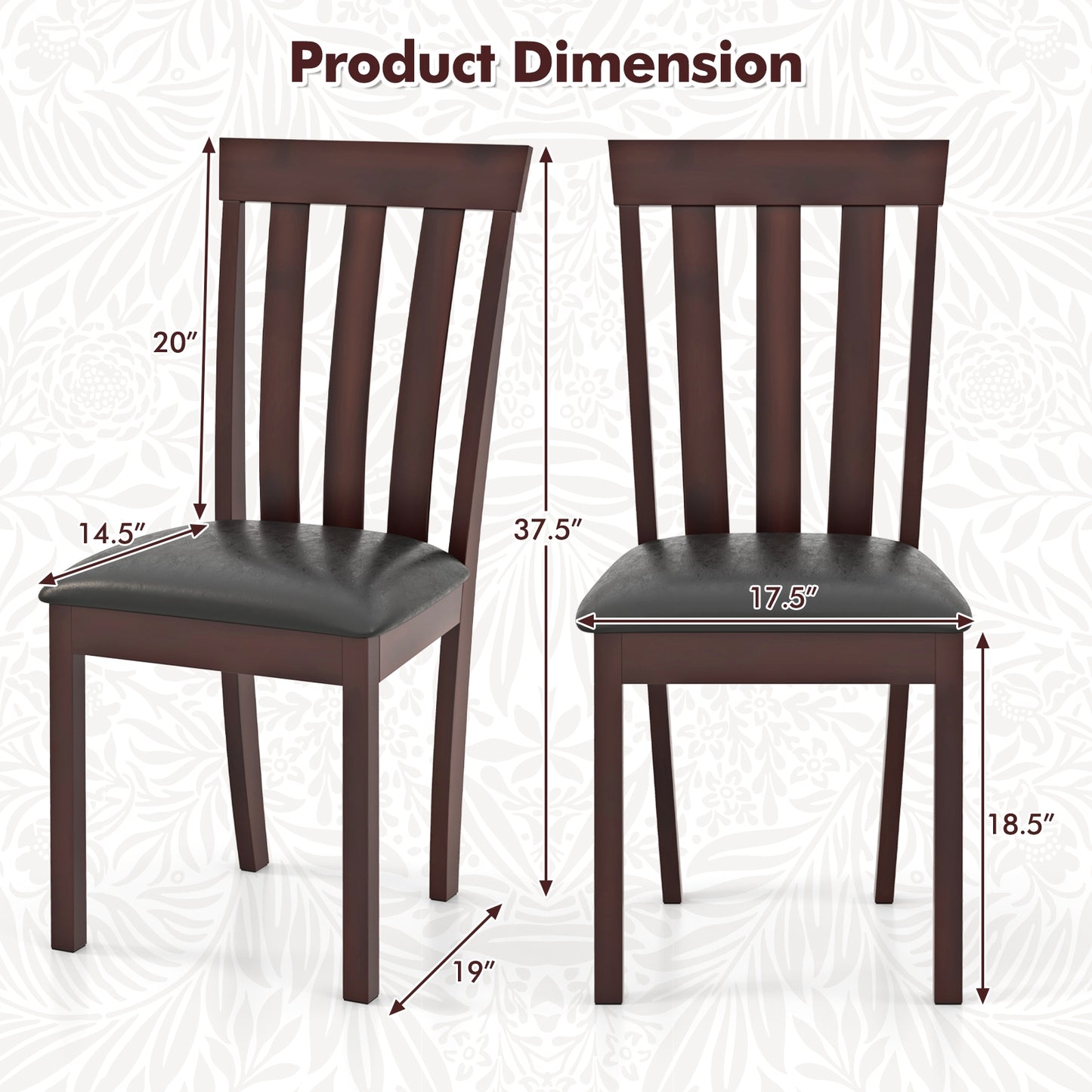 Dining Chair Set of 2 Upholstered Wooden Kitchen Chairs with Padded Seat and Rubber Wood Frame-Espresso