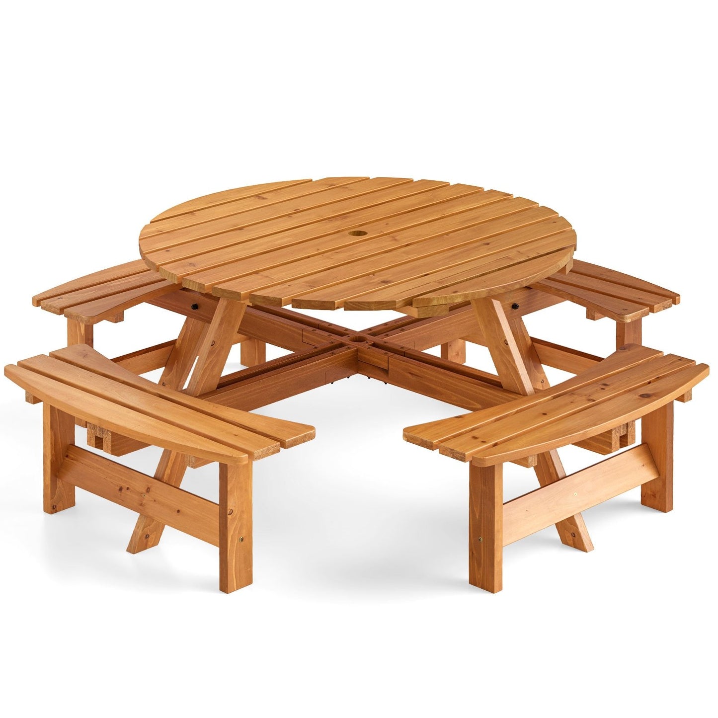 8-Person Round Picnic Table Set Circular Patio Dining Camping Table with Benches-Brown