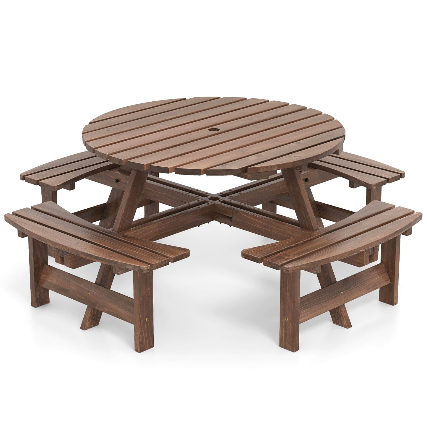 8-Person Round Picnic Table Set Circular Patio Dining Camping Table with Benches-Brown