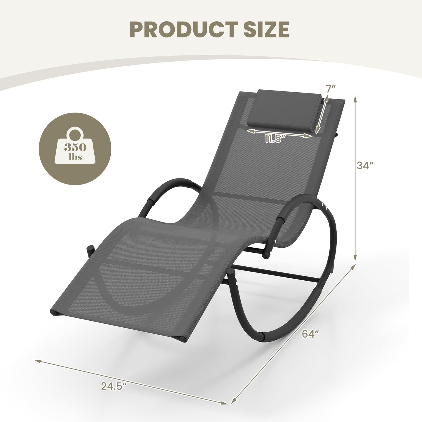 Outdoor Rocking Lounge Chair with Removable Headrest-Gray