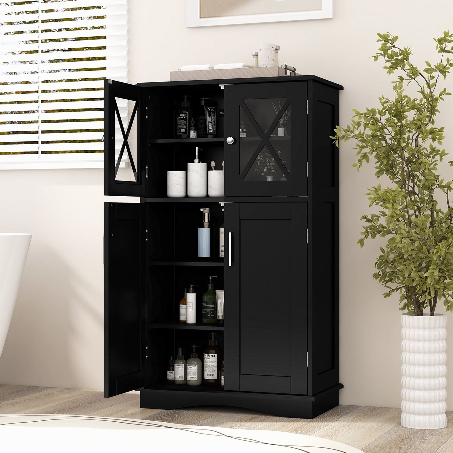 4 Doors Freeestanding Bathroom Floor Cabinet with Adjustable Shelves-Black