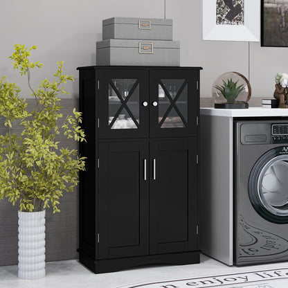 4 Doors Freeestanding Bathroom Floor Cabinet with Adjustable Shelves-Black
