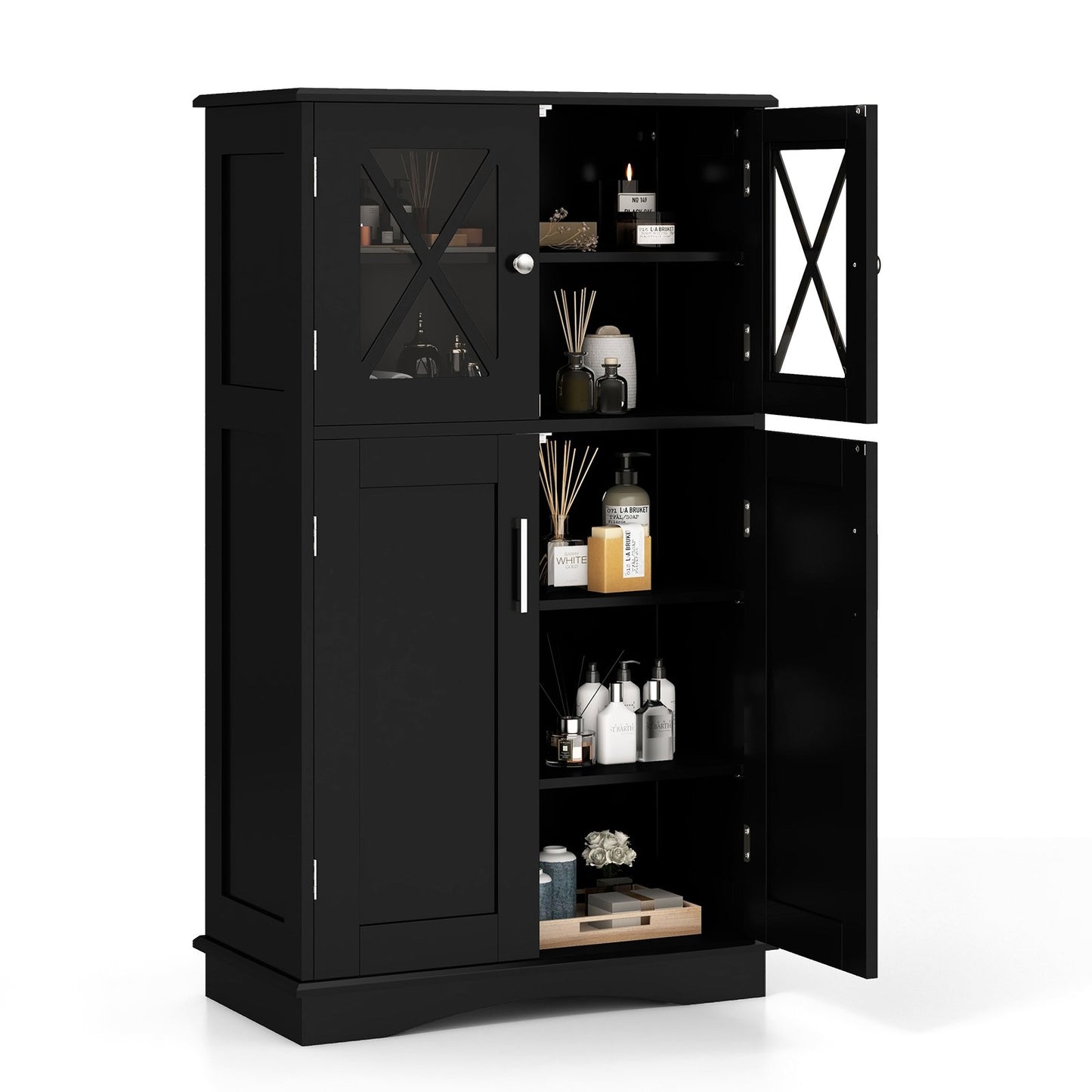4 Doors Freeestanding Bathroom Floor Cabinet with Adjustable Shelves-Black