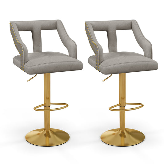 Set of 2 Bar Chairs with Footrest and 2-Layer Electroplated Metal Base-Gray
