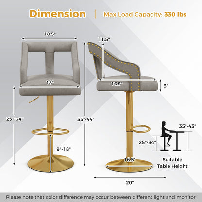 Set of 2 Bar Chairs with Footrest and 2-Layer Electroplated Metal Base-Gray