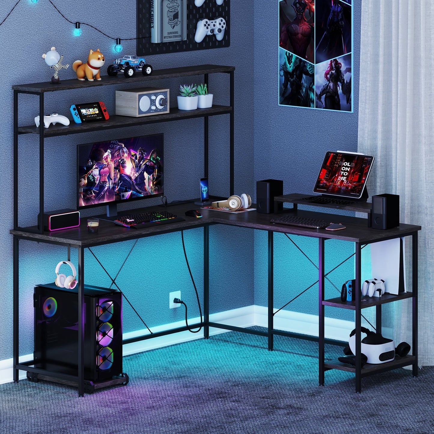 L-Shaped Reversible Gaming Desk with LED Strip and Power Outlets Hutch Monitor Stand-Black