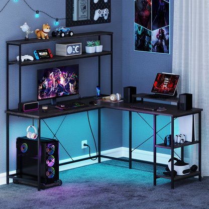 L-Shaped Reversible Gaming Desk with LED Strip and Power Outlets Hutch Monitor Stand-Black