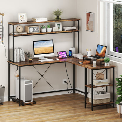 L-Shaped Reversible Gaming Desk with LED Strip and Power Outlets Hutch Monitor Stand-Black