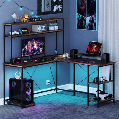 L-Shaped Reversible Gaming Desk with LED Strip and Power Outlets Hutch Monitor Stand-Black