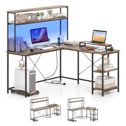 L-Shaped Reversible Gaming Desk with LED Strip and Power Outlets Hutch Monitor Stand-Black