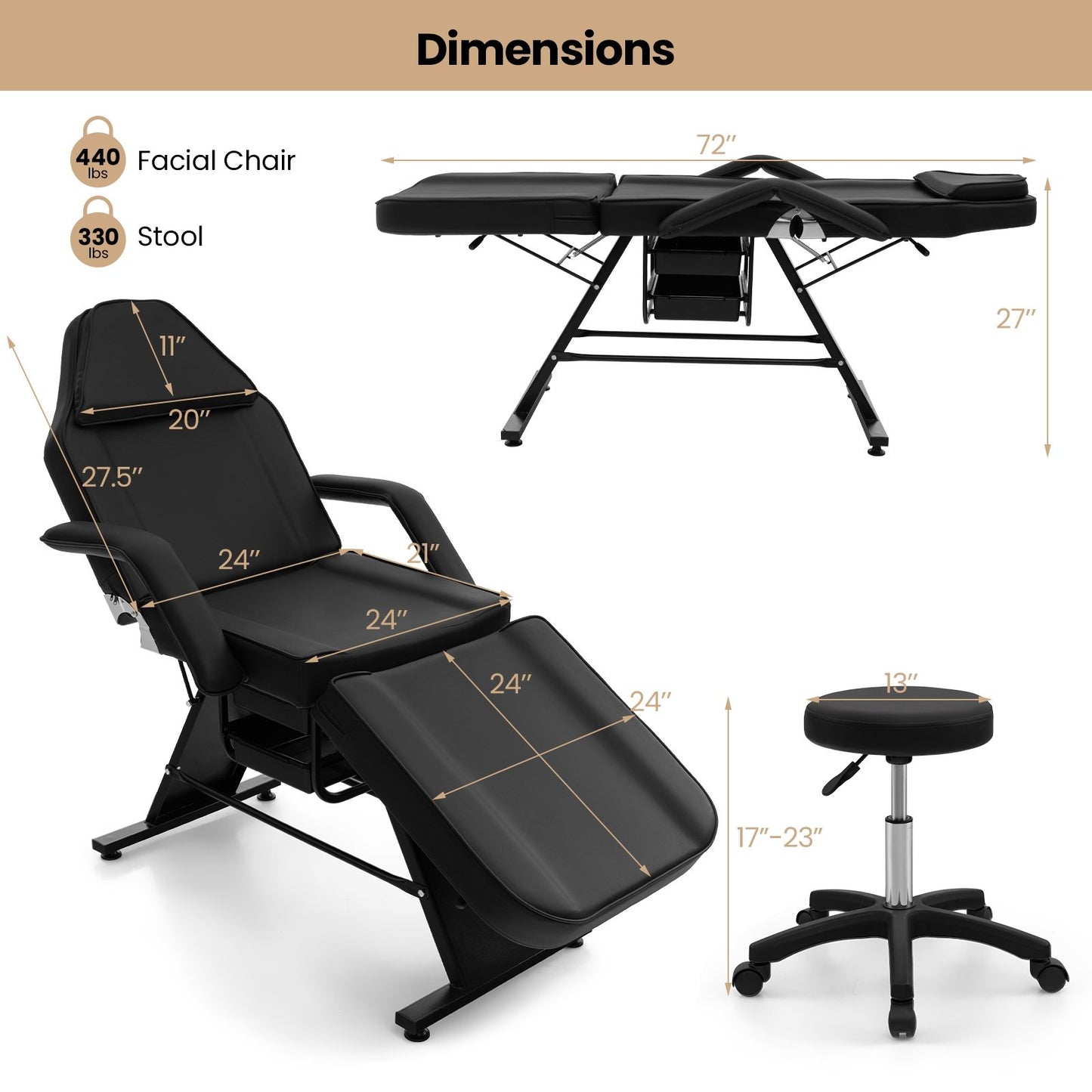 72 Inch Massage Bed with Hydraulic Stool Removable Headrest and Storage Boxes-Black