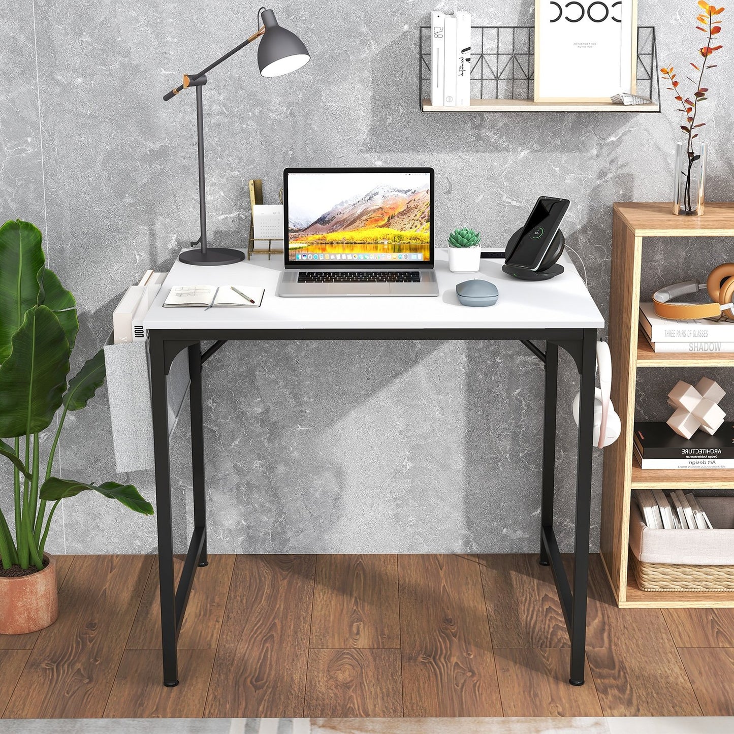 32 Inch Home Office Desk with Charging Station Storage Bag and Headphone Hook-Rustic Brown