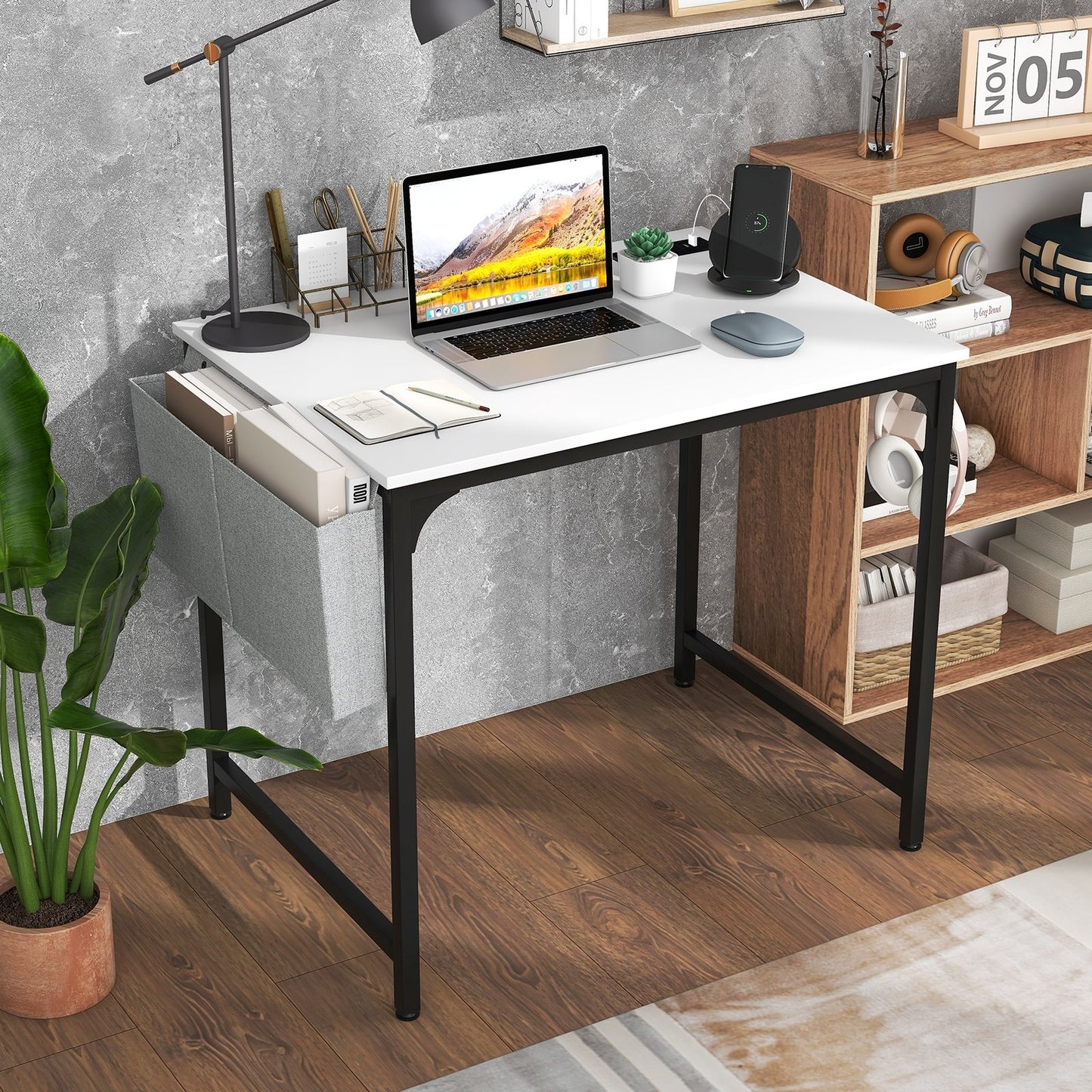 32 Inch Home Office Desk with Charging Station Storage Bag and Headphone Hook-Rustic Brown