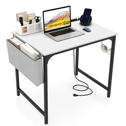 32 Inch Home Office Desk with Charging Station Storage Bag and Headphone Hook-Rustic Brown