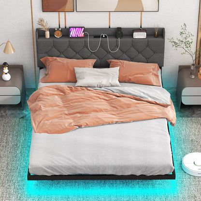Full/Queen Size Floating Bed Frame with LED and Headboard and Charging Station-Full Size